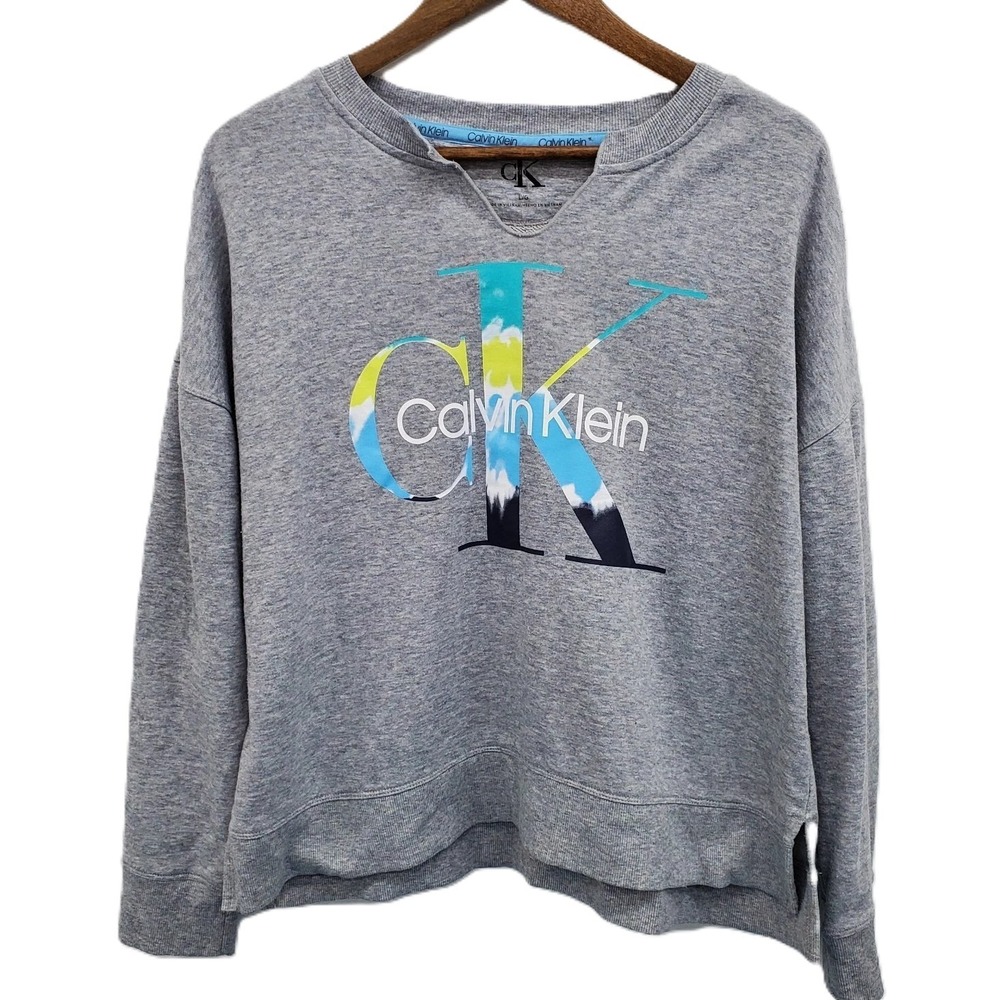 Calvin Klein Womens L Gray Crewneck Logo Sweatshirt Long Sleeve Cotton Blend Top